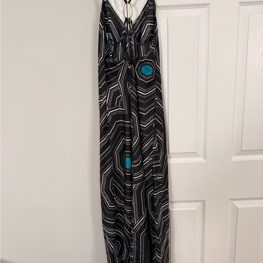 Sandro Silk Geometric Maxi Slip Dress in Black and Blue - Picture 7 of 7